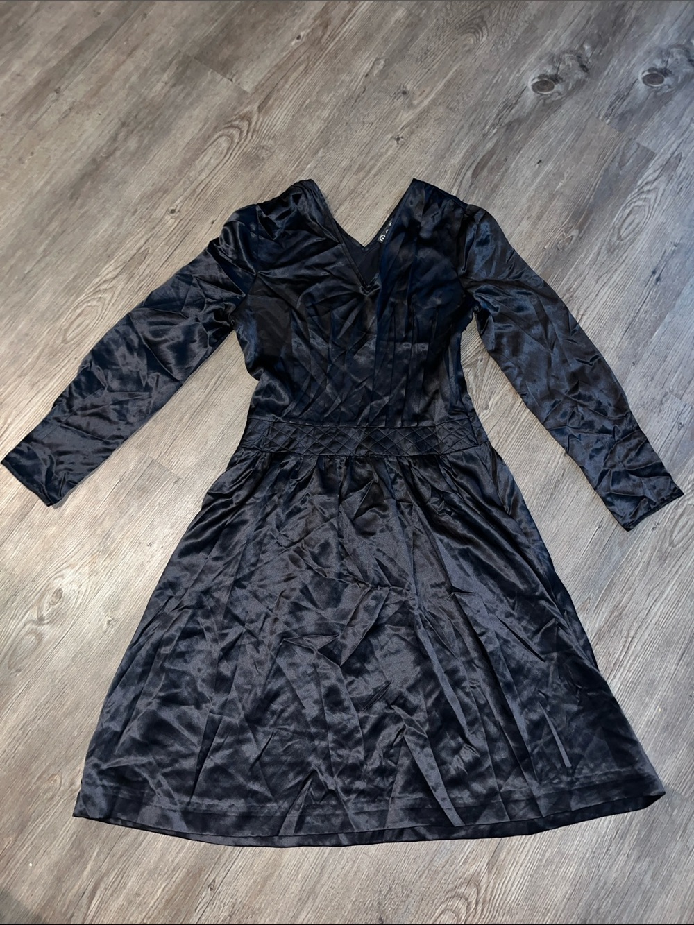 CYNTHIA ROWLEY Vintage 90s Black Satin Fit & Flare Dress Long Sleeve